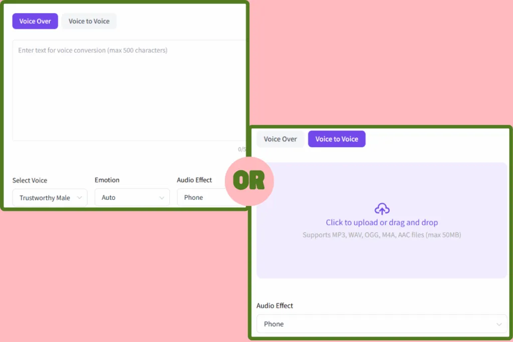 The interface of upload your text or audio.