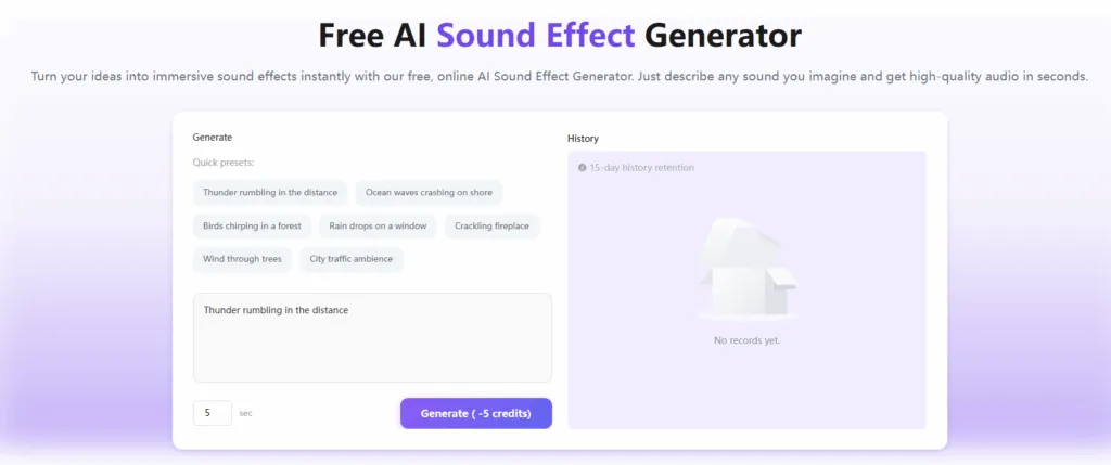 the interface of AI Sound Effect Generator