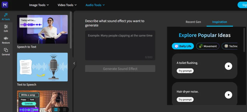 the interface of elevenlabs MyEdit