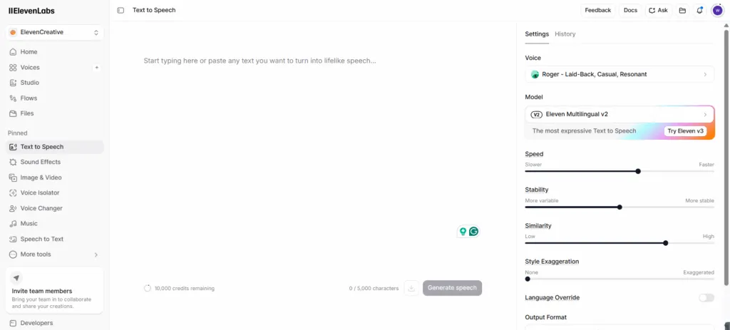 ElevenLabs Spanish text to speech generator with voice settings