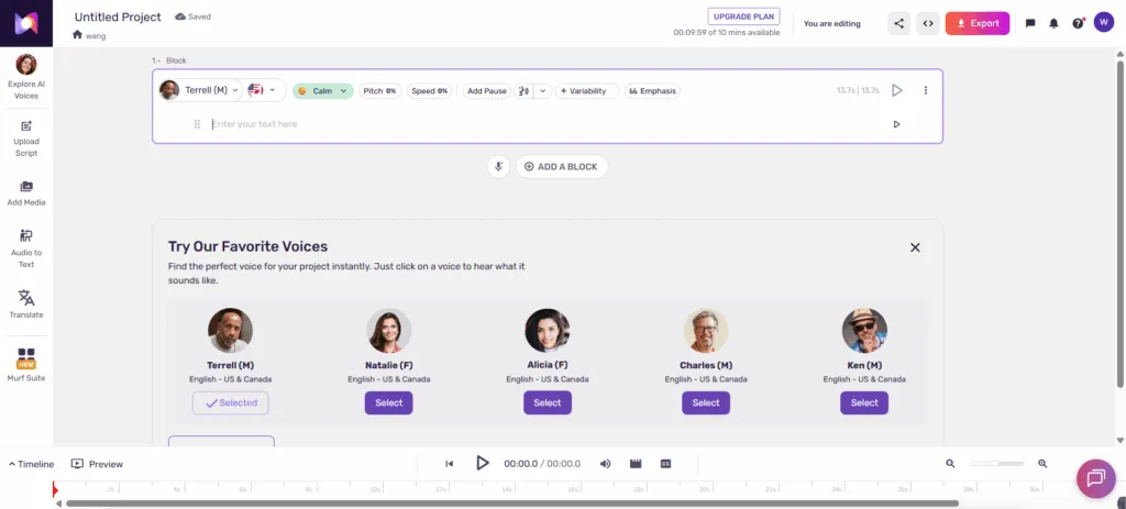 Murf AI Spanish text to speech tool with pause control and dialect options