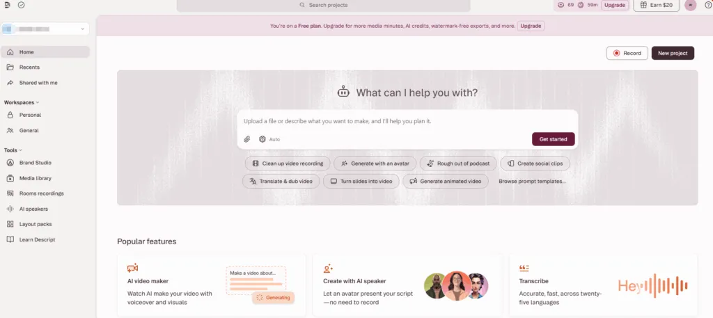 Descript AI video editing workspace