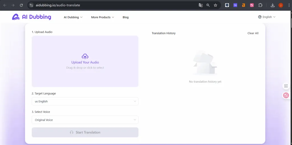 AI dubbing interface showing steps to upload audio, choose language, and select voice