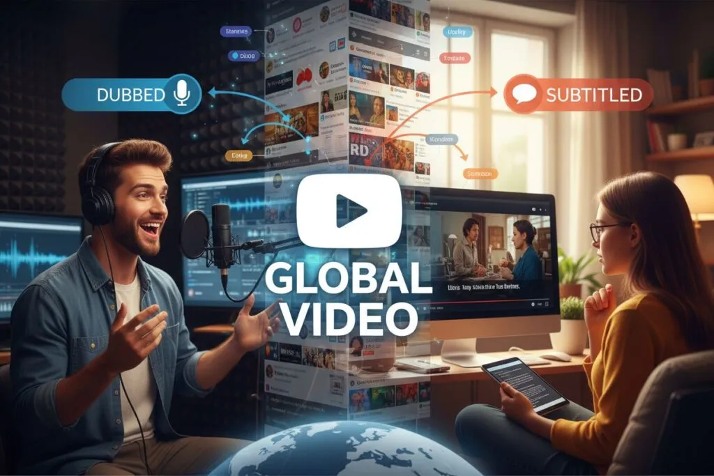 Dubbed and subtitled videos are shown spreading across a world map.