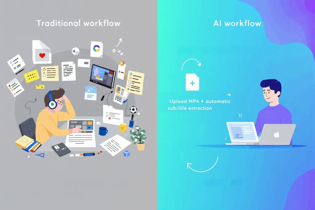 Traditional manual subtitle creation compared with AI subtitle extraction workflows.