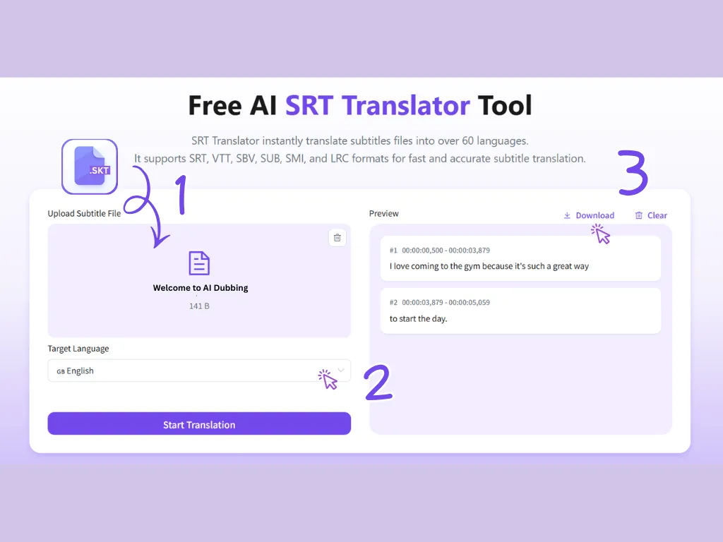 Step by step process of translating an existing subtitle file into multiple languages.