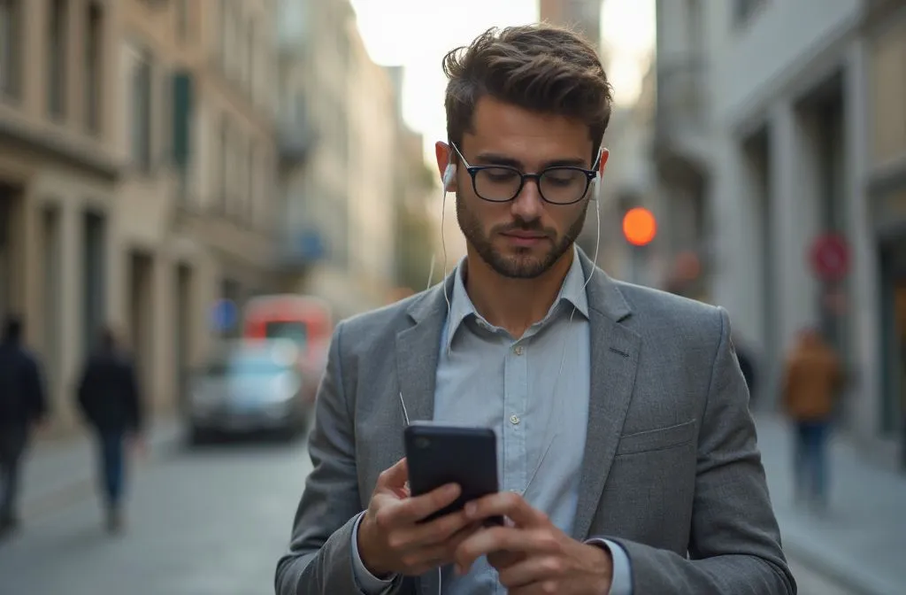 A overseas marketer is listening to study  audio during a city commute