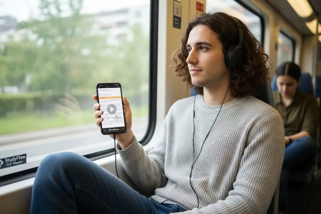 A man is listening to study audio on a bus