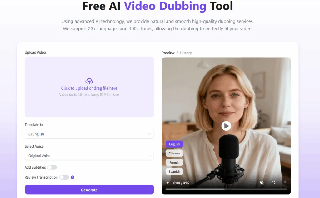 The interface of AI Dubbing.