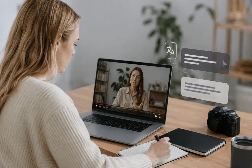 A woman is transcribing a video into text.